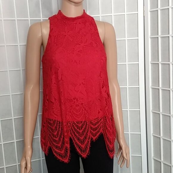 Blue Rain Sleeveless Red Lacey Floral Top - Picture 2 of 15